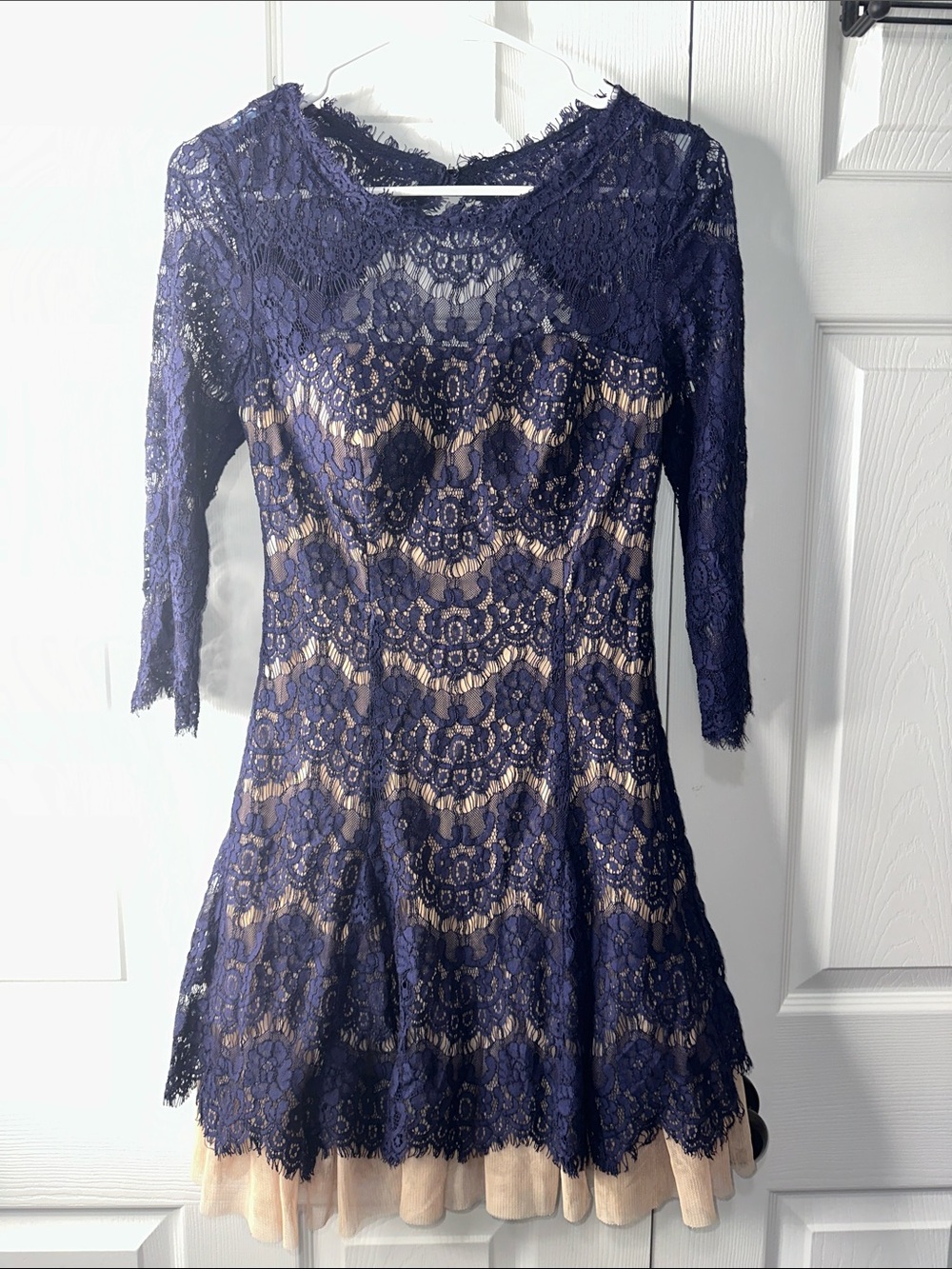 Navy Lace Long-Sleeve A-Line Dress with Nude Underlay